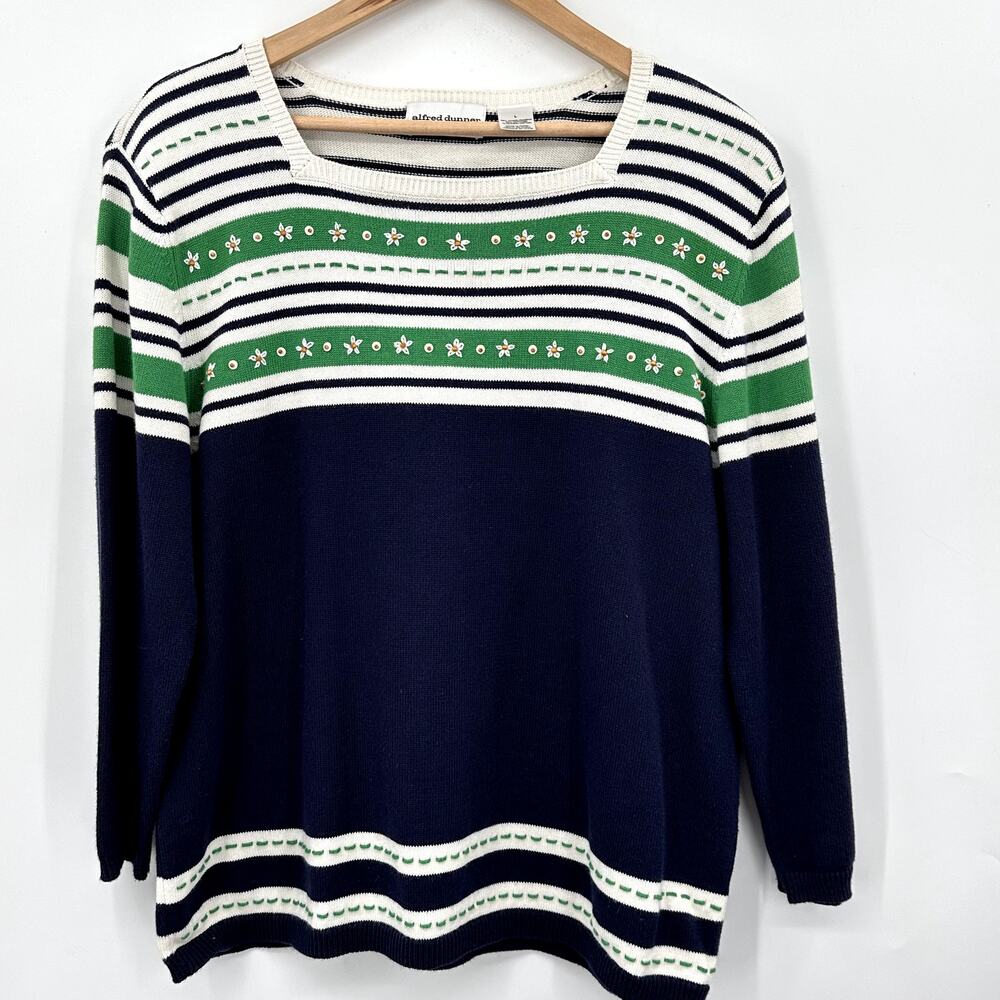 Alfred Dunner Vintage Daisy Sweater Ramie Cotton Blue Green White Womens Large